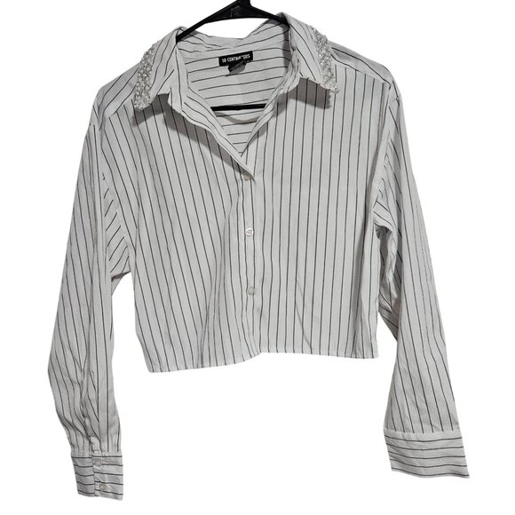 18 Centimeters Cropped Striped Shirt Womens Size Small Button Up Pearl Accents - Picture 1 of 4